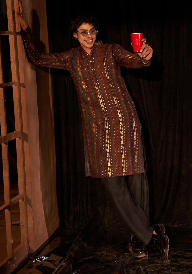 Brown printed Art Silk Kurta Set For Men