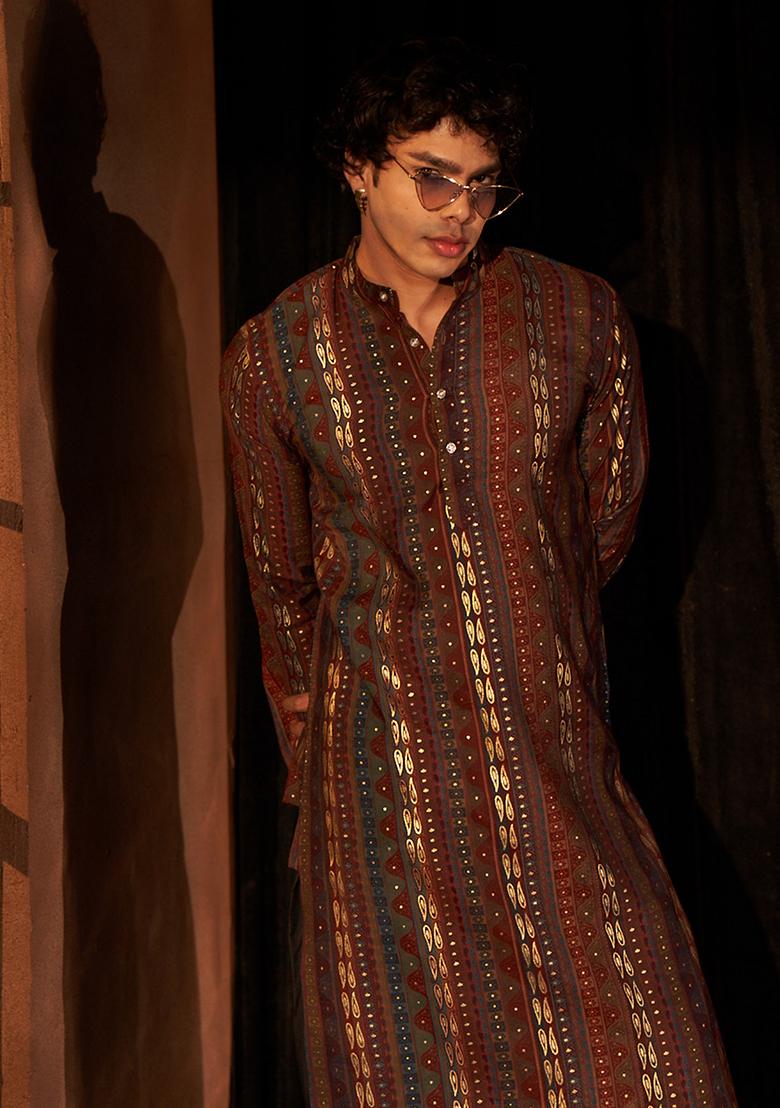 Brown  printed Art Silk Kurta Set For Men
