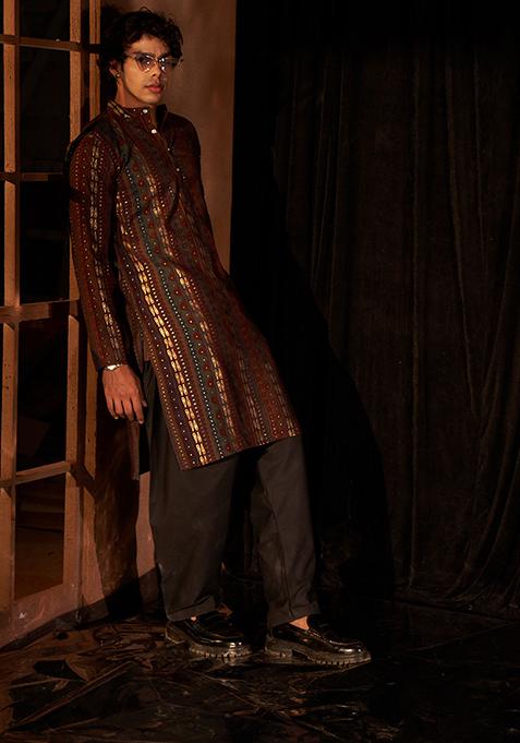 Brown printed Art Silk Kurta Set For Men