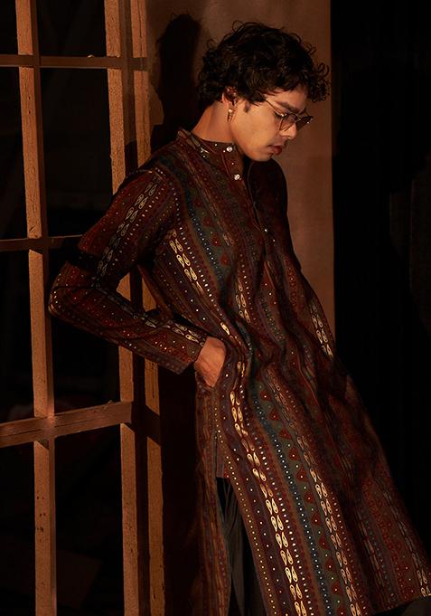 Brown printed Art Silk Kurta Set For Men