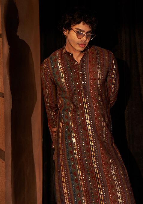 Brown printed Art Silk Kurta Set For Men
