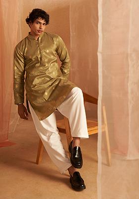 Green Woven Viscose Kurta Set For Men