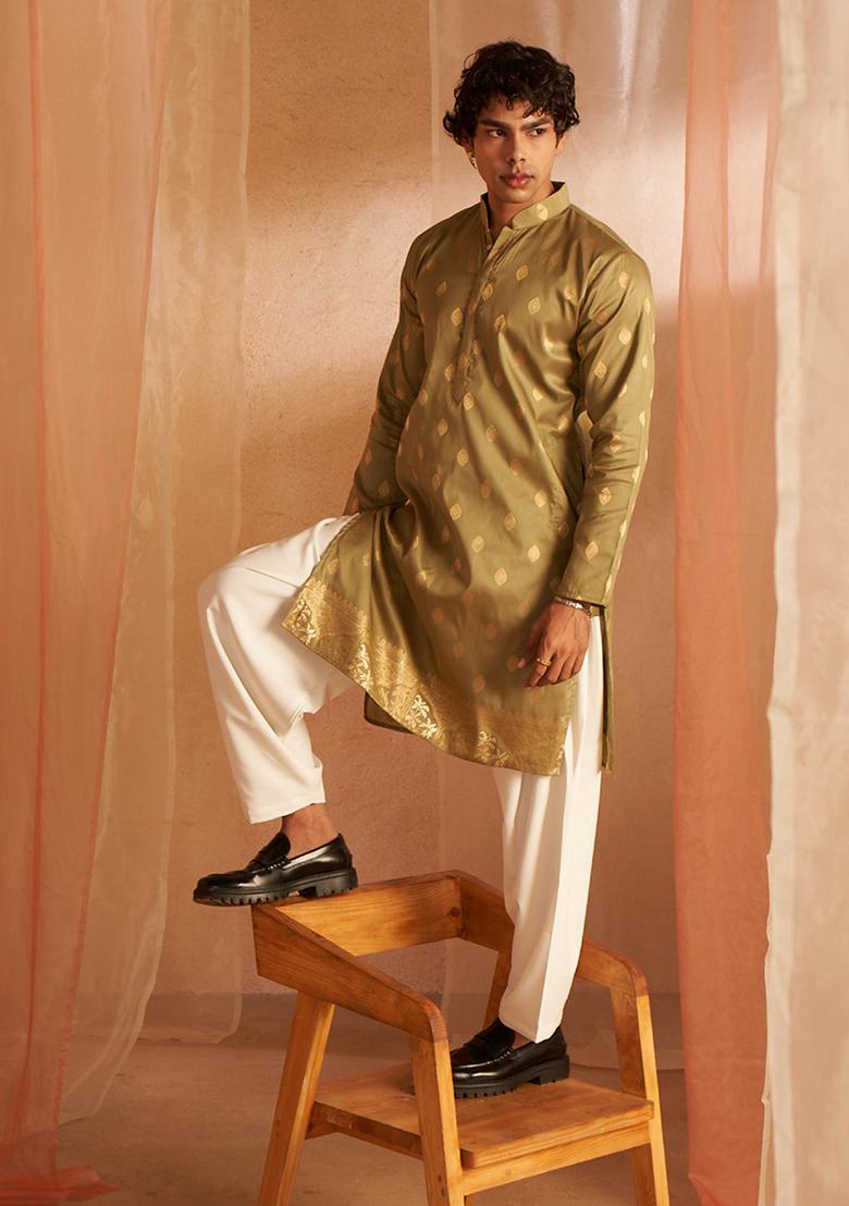 Green Woven Viscose Kurta Set For Men