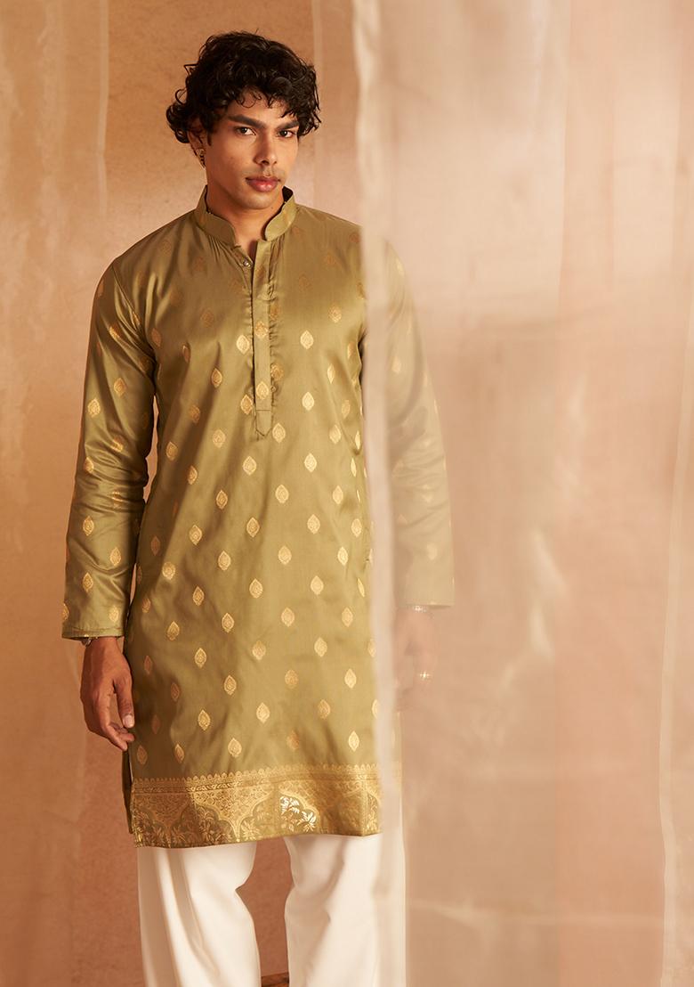 Green Woven Viscose Kurta Set For Men