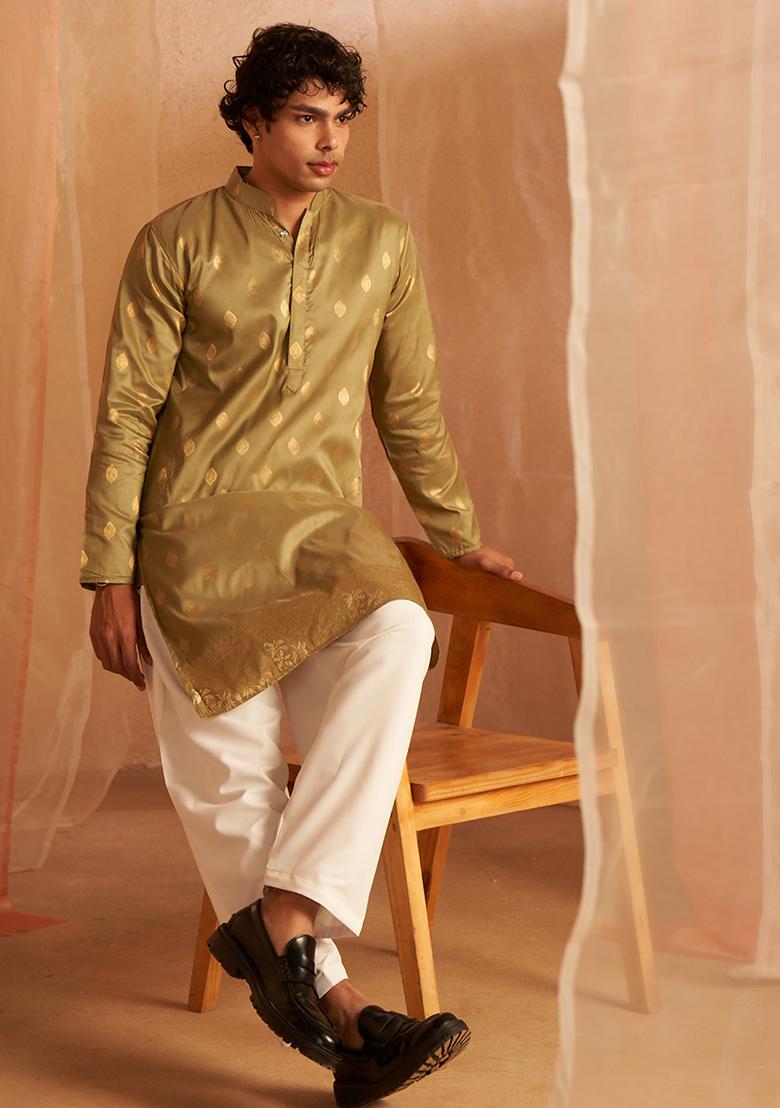 Green Woven Viscose Kurta Set For Men