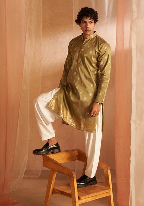 Green Woven Viscose Kurta Set For Men
