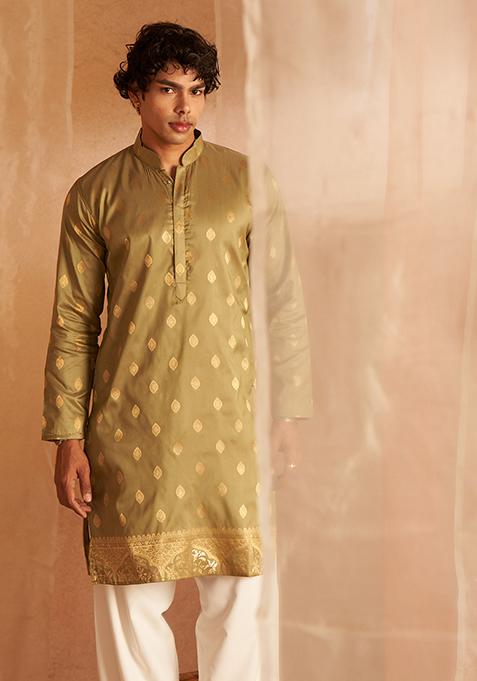 Green Woven Viscose Kurta Set For Men