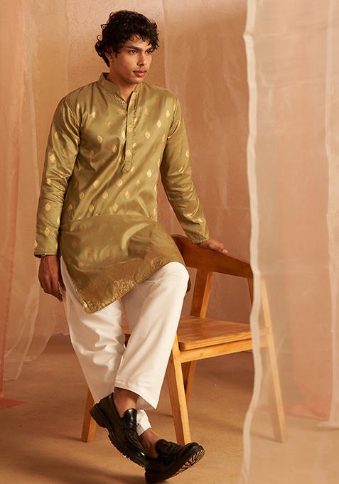 Green Woven Viscose Kurta Set For Men