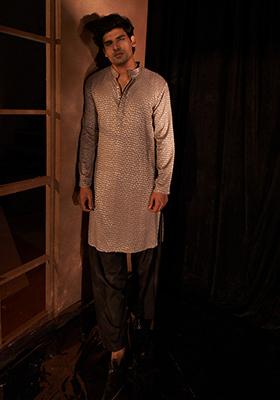 Mauve Woven Viscose Kurta Set For Men