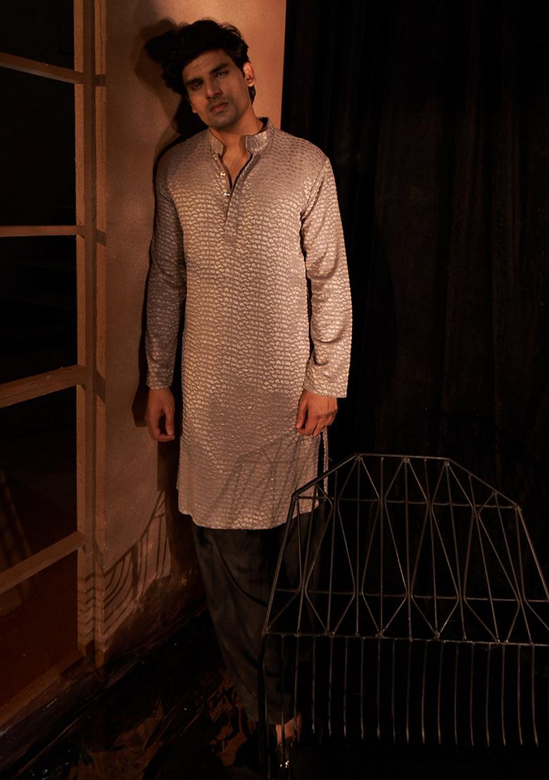 Mauve Woven Viscose Kurta Set For Men