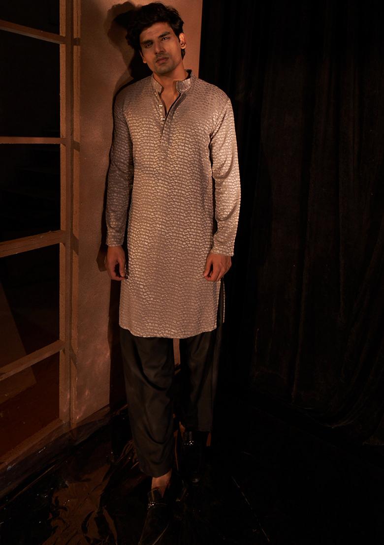 Mauve Woven Viscose Kurta Set For Men