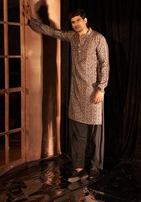 Navy-Blue printed Art Silk Kurta Set For Men