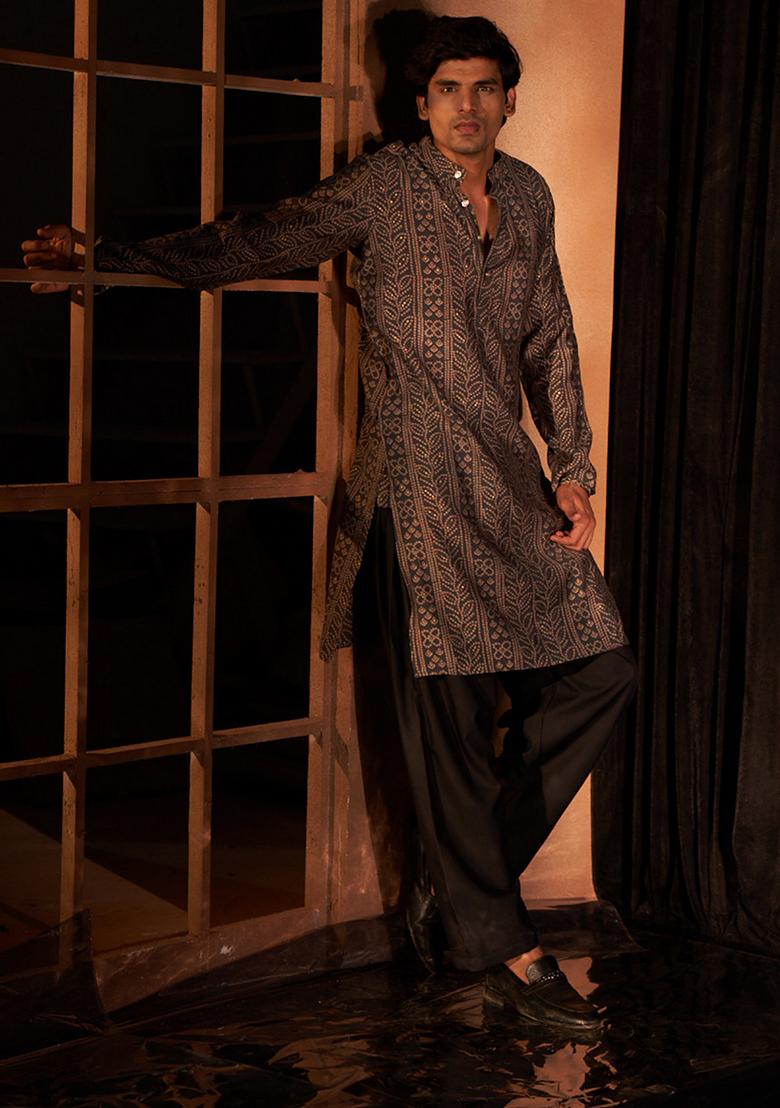 Navy-Blue printed Art Silk Kurta Set For Men