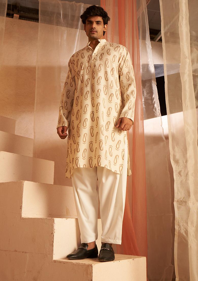 Off-White printed Art Silk Kurta Set For Men