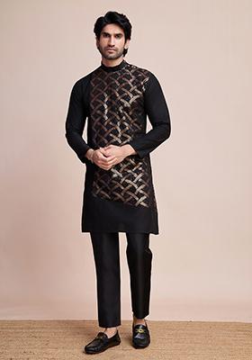 Black Embroidered Art Silk Kurta For Men