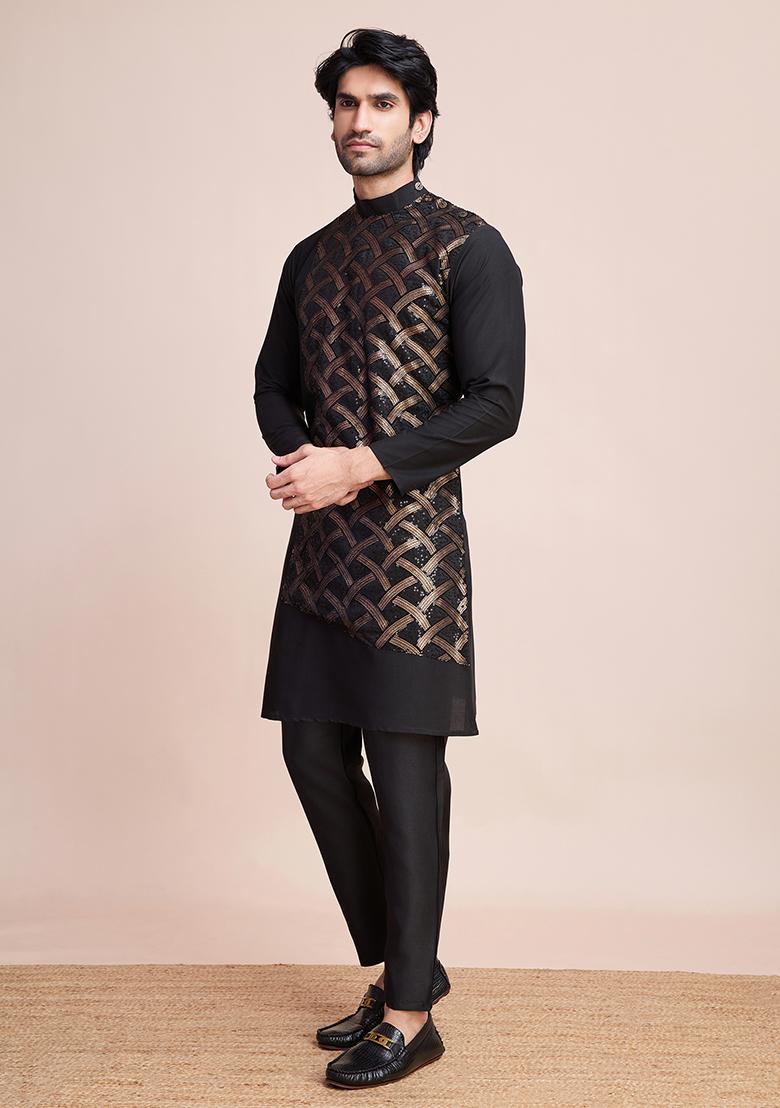 Black Embroidered Art Silk Kurta For Men