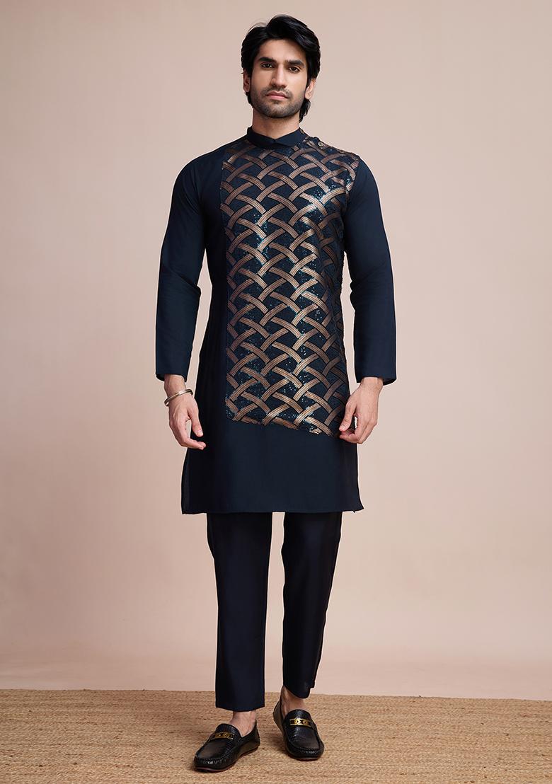 Navy-Blue Embroidered Art Silk Kurta For Men