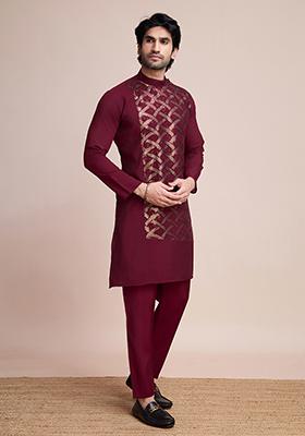 Maroon Embroidered Art Silk Kurta For Men