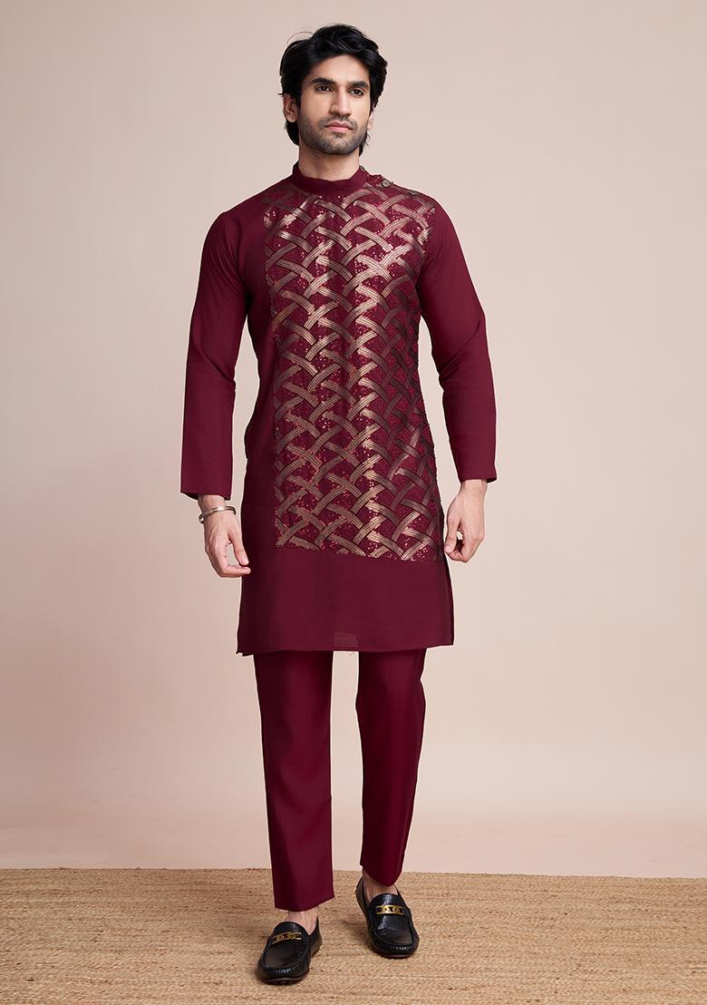 Maroon Embroidered Art Silk Kurta For Men