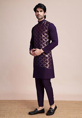 Purple Embroidered Art Silk Kurta For Men