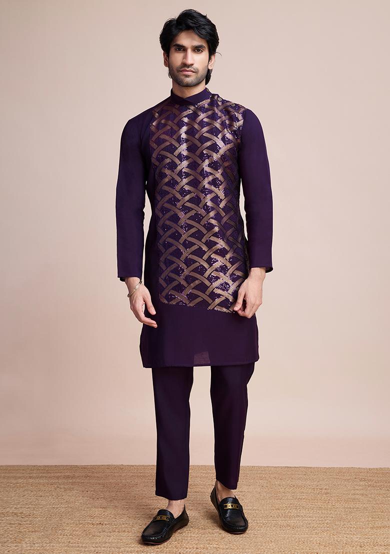 Purple Embroidered Art Silk Kurta For Men