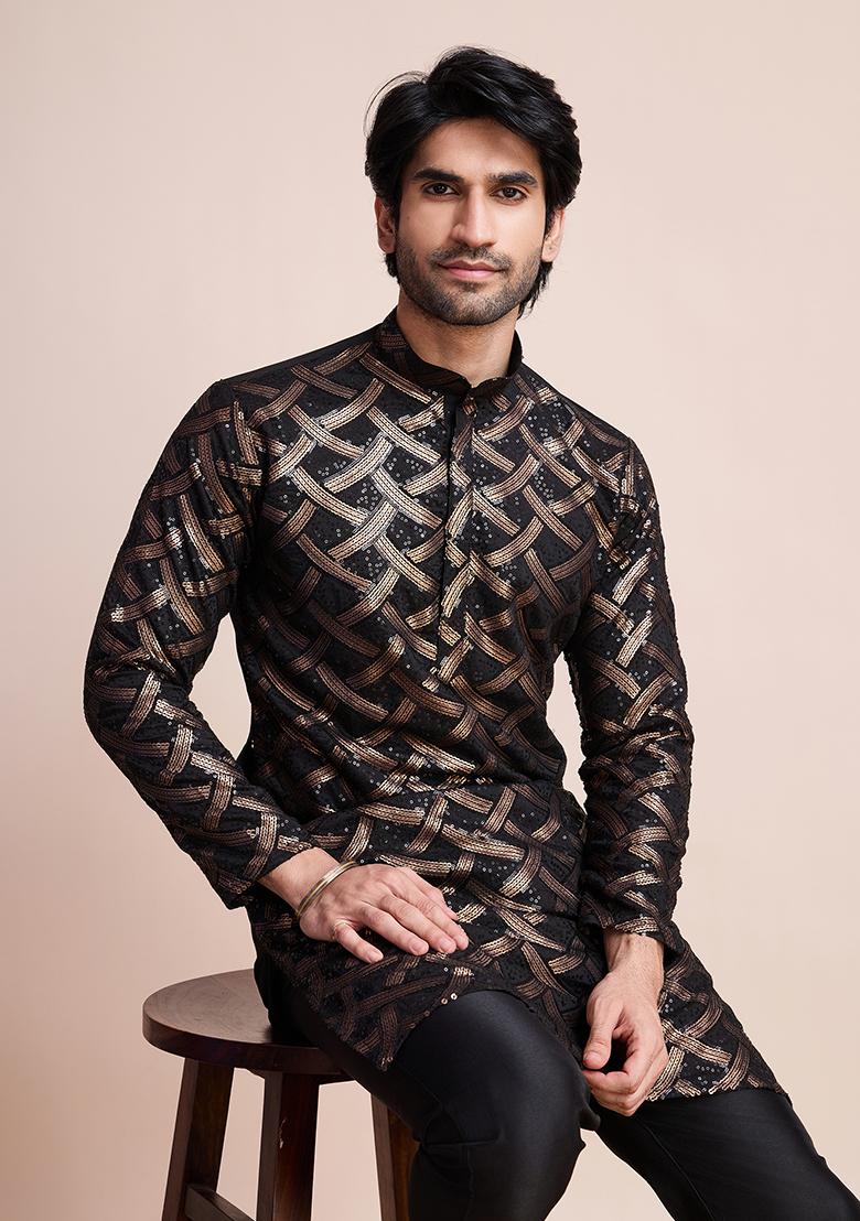 Black Embroidered Art Silk Kurta For Men