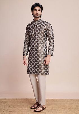 Beige Embroidered Art Silk Kurta For Men