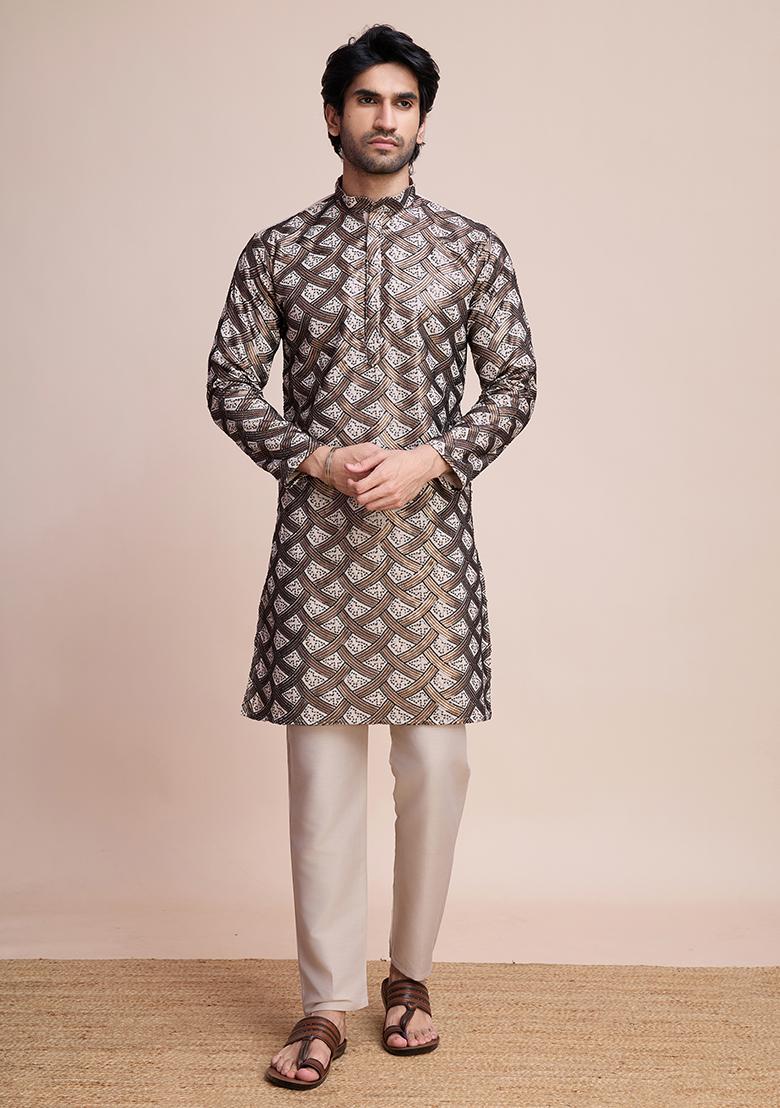 Beige Embroidered Art Silk Kurta For Men