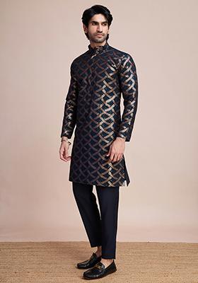 Navy-Blue Embroidered Art Silk Kurta For Men