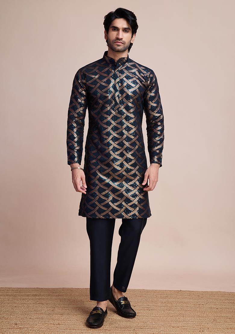Navy-Blue Embroidered Art Silk Kurta For Men
