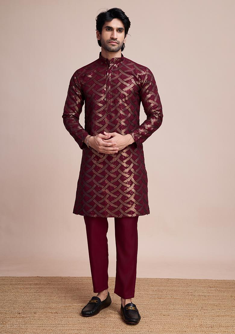 Maroon Embroidered Art Silk Kurta For Men