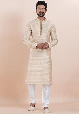 Multi Solid Silk Kurta Set For Men