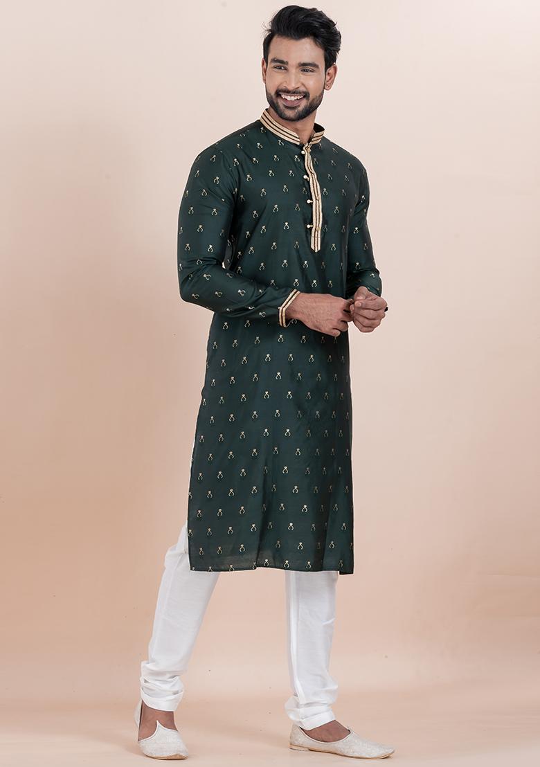 Green Solid Silk Kurta Set For Men
