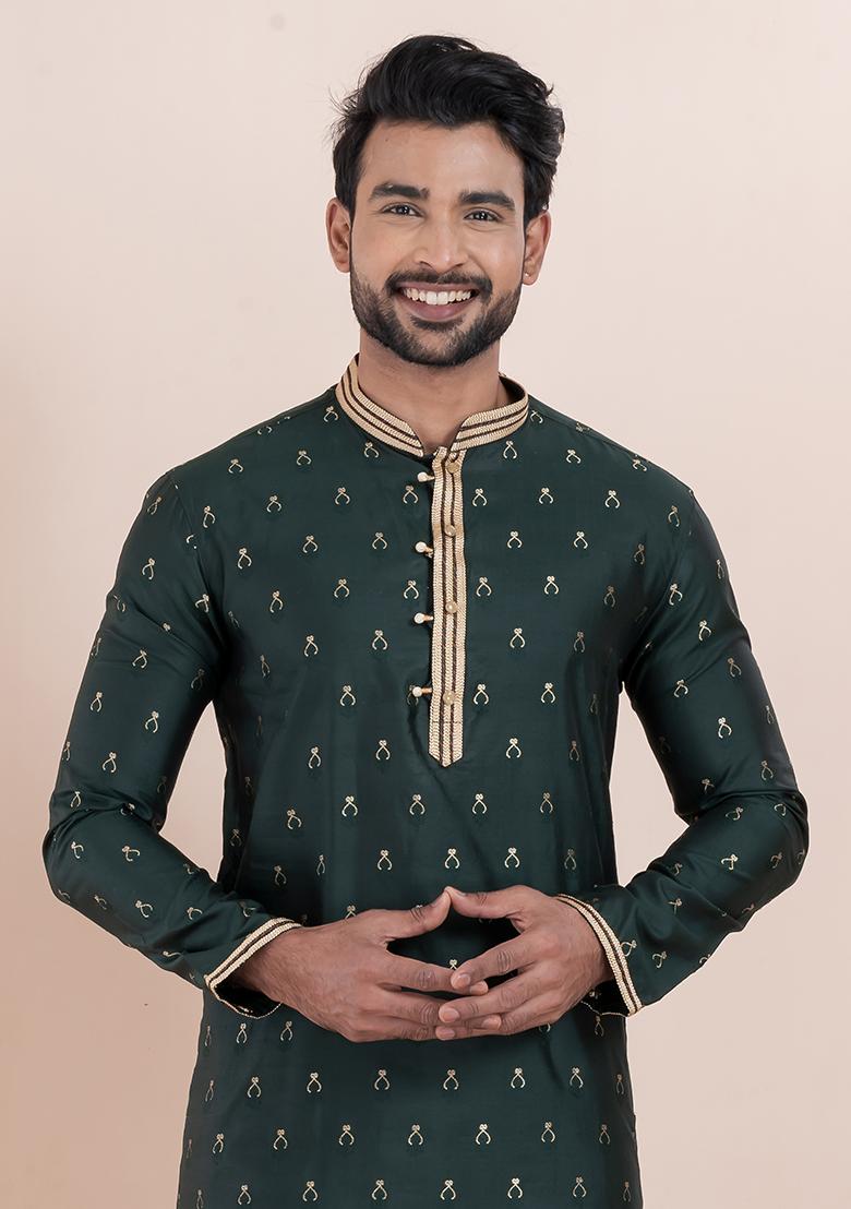 Green Solid Silk Kurta Set For Men