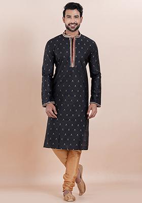 Black Solid Silk Kurta Set For Men