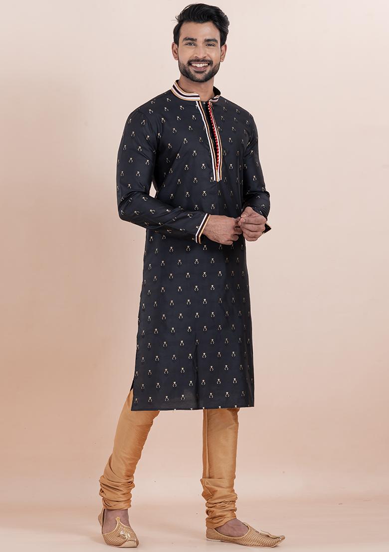 Black Solid Silk Kurta Set For Men