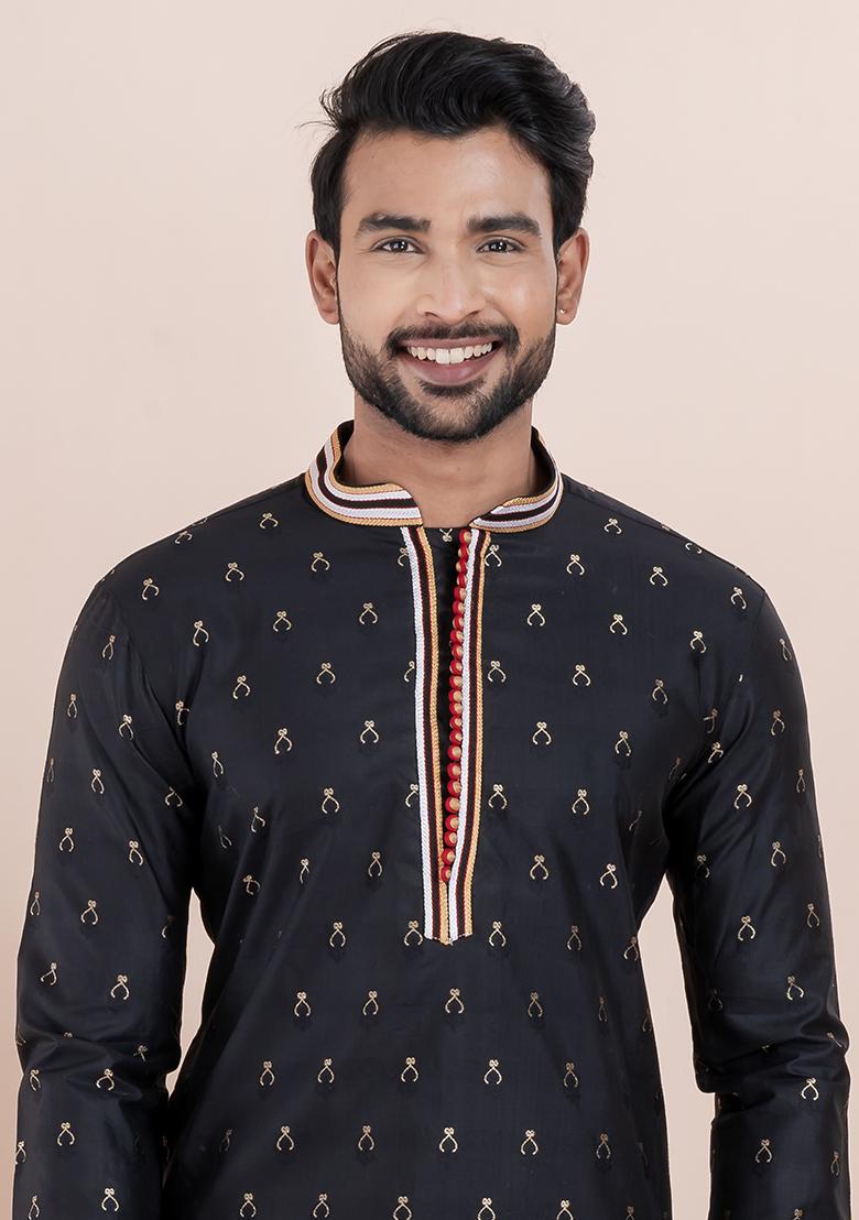 Black Solid Silk Kurta Set For Men