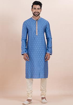 Sky Blue Solid Silk Kurta Set For Men
