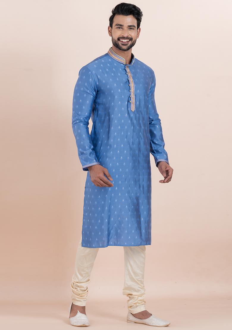 Sky Blue Solid Silk Kurta Set For Men