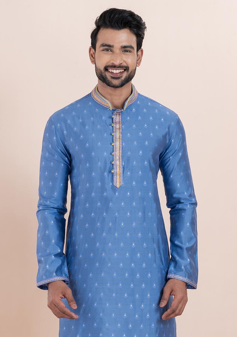 Sky Blue Solid Silk Kurta Set For Men
