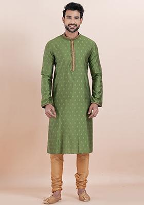Olive Green Solid Silk Kurta Set For Men