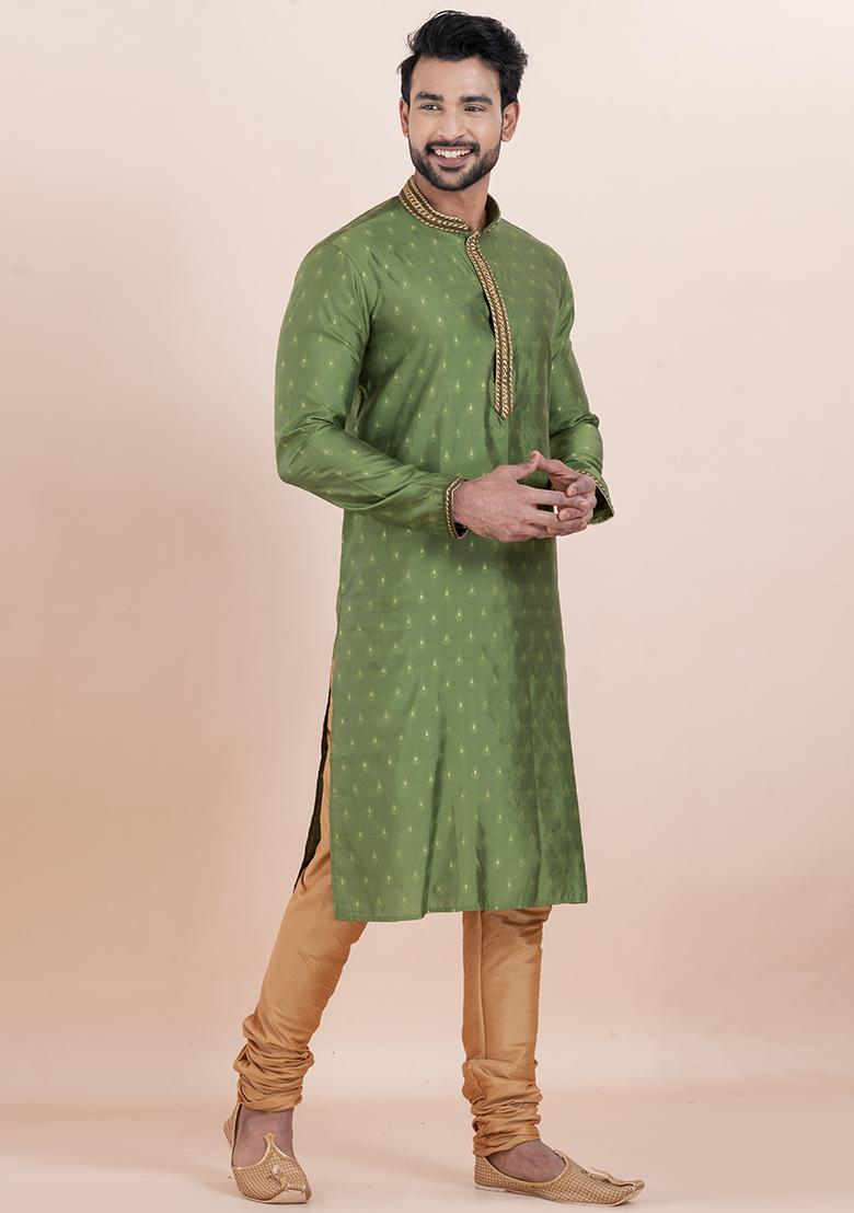 Olive Green Solid Silk Kurta Set For Men