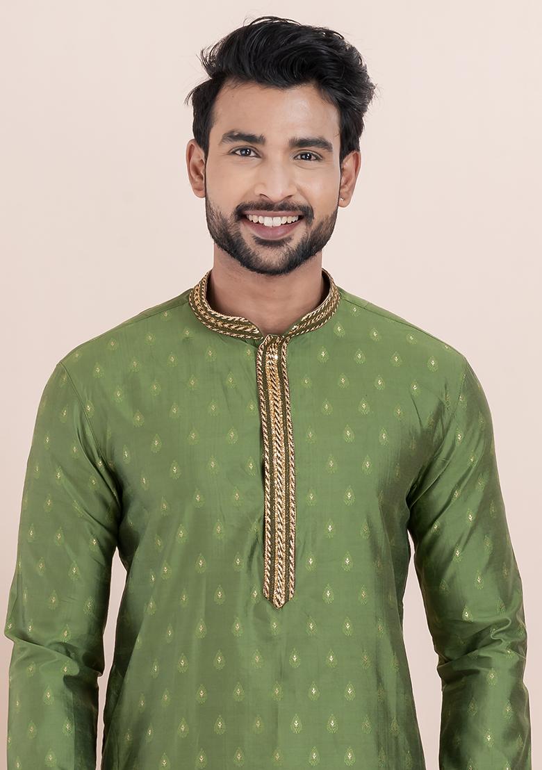 Olive Green Solid Silk Kurta Set For Men
