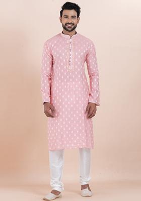 Pink Solid Silk Kurta Set For Men