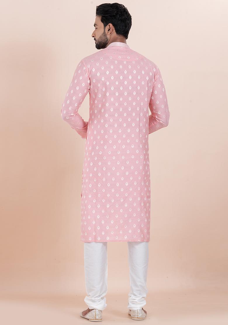 Pink Solid Silk Kurta Set For Men