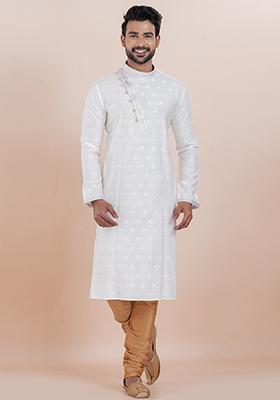 White Solid Silk Kurta Set For Men