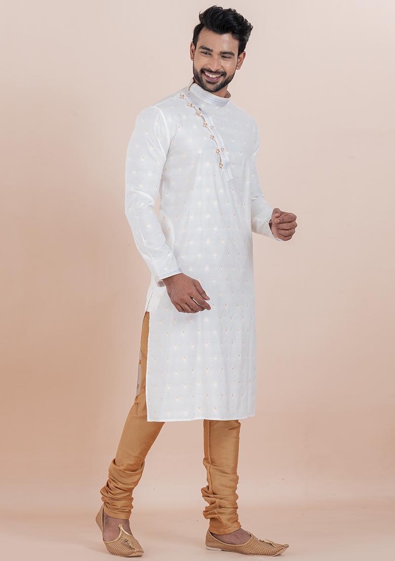 White Solid Silk Kurta Set For Men
