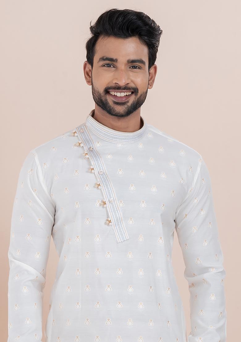 White Solid Silk Kurta Set For Men