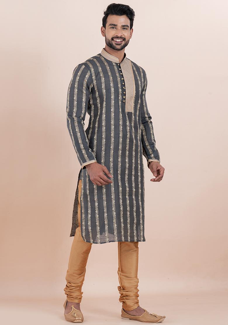 Black Solid Silk Kurta Set For Men