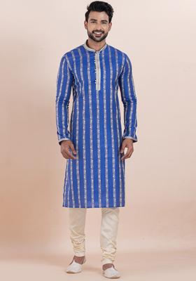 Blue Solid Silk Kurta Set For Men
